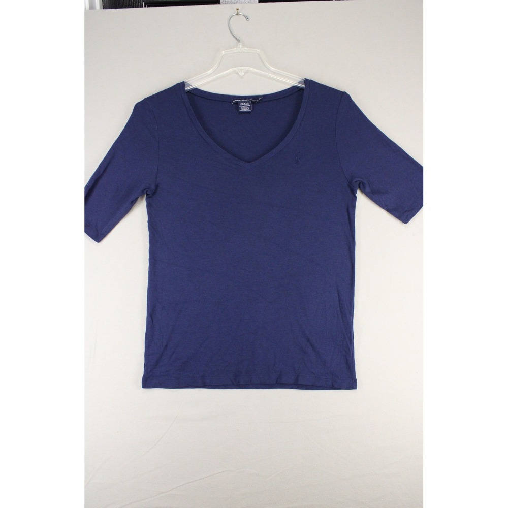 Ralph Lauren Sport V-Neck Shirt Womens XL Navy Blue Pima Cotton Preppy Minimal